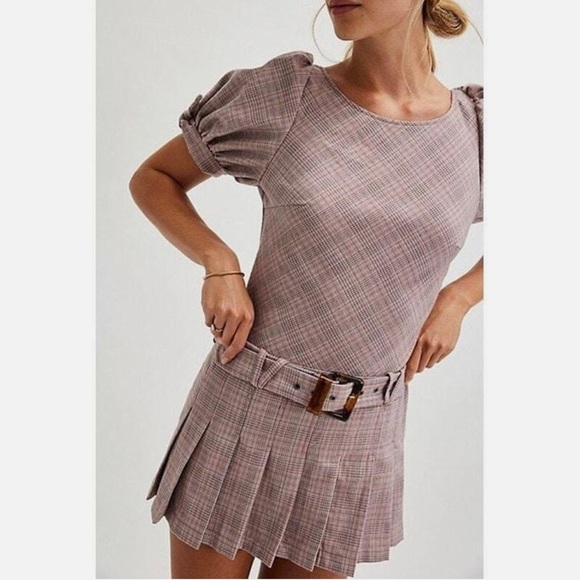 Free People Sevi Plaid Mini Dress Puff Sleeve Grey and Pink Combo Size XS NWOT - Picture 8 of 10